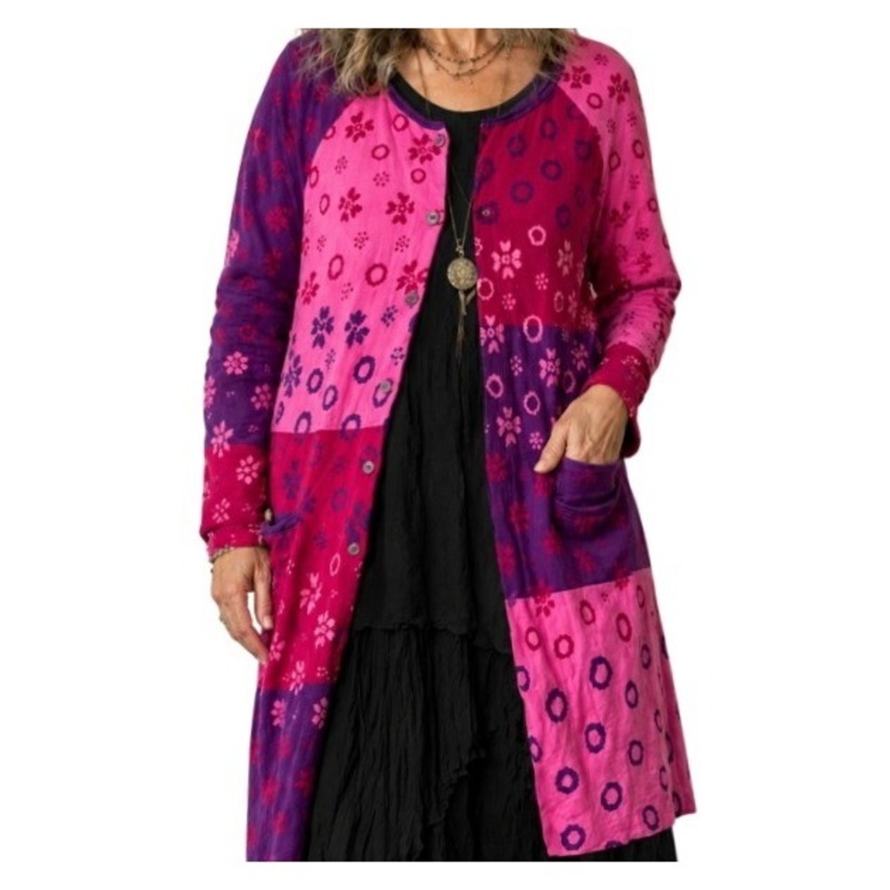 Gudrun Sjoden Womens L Pink Purple Iris Floral Colorblock Long Cardigan